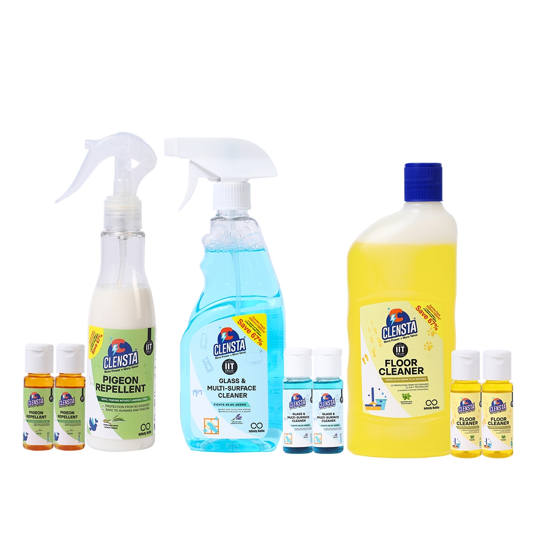 Clensta | Clensta Clensta Balcony Care Kit | Glass & Multi-surface Cleaner (Total 1500ml) + Pigeon Repellent (Total 450ml) + Floor Cleaner (Total 1500ml) | With 2 Concentrates Each