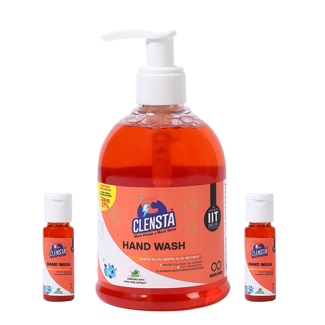 Clensta | Clensta Liquid Hand Wash With Aloe Vera Extracts | Fast Active Cleansing, 99.9% Germs Free | Total 600 ml | 1 Bottle (300 ml) & 2 Concentrates (Makes 600 ml)