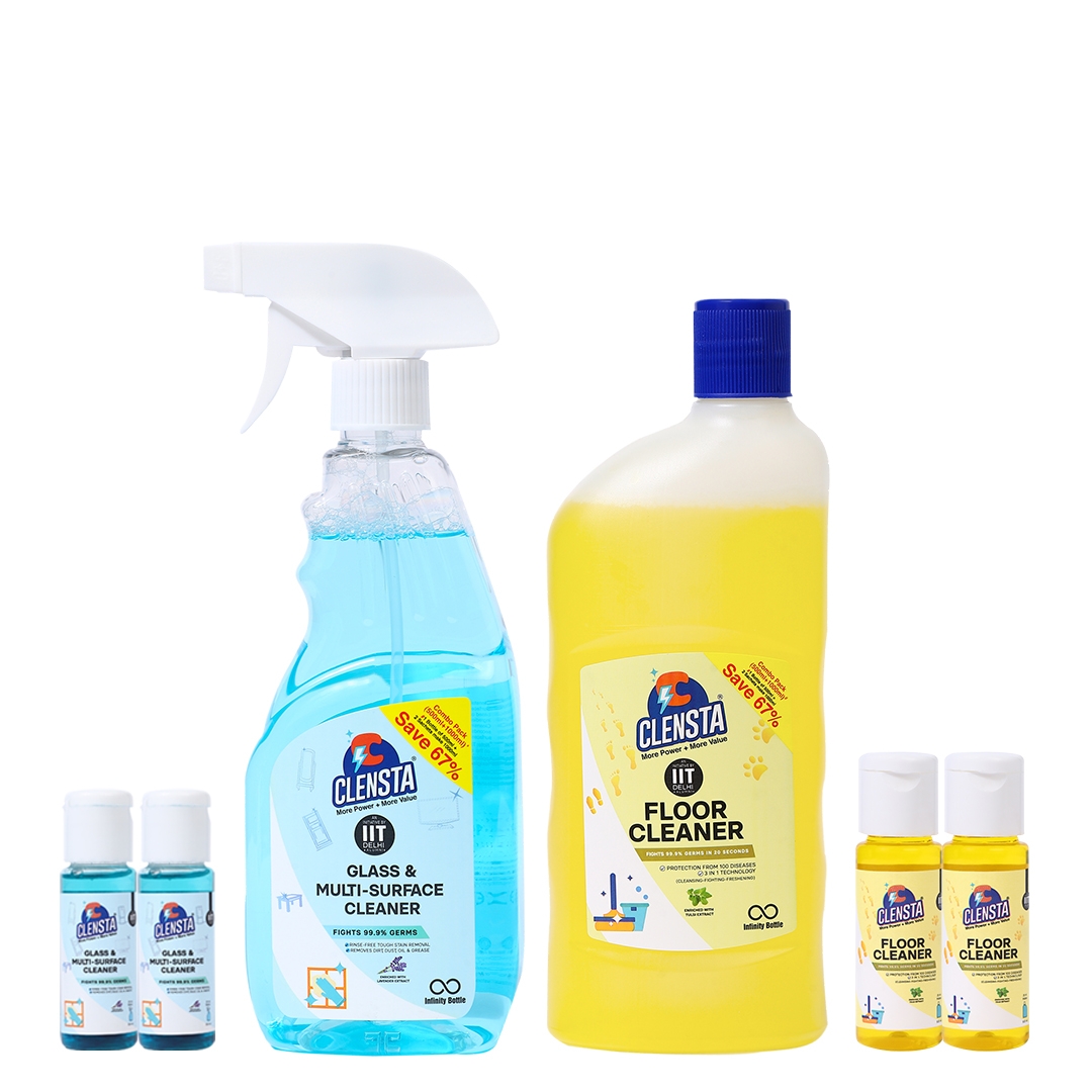 Clensta | Clensta Germ Free Home Combo | Floor Cleaner (Total 1500ml) & Glass & Multi-surface Cleaner (Total 1500ml) | With 2 Concentrates Each
