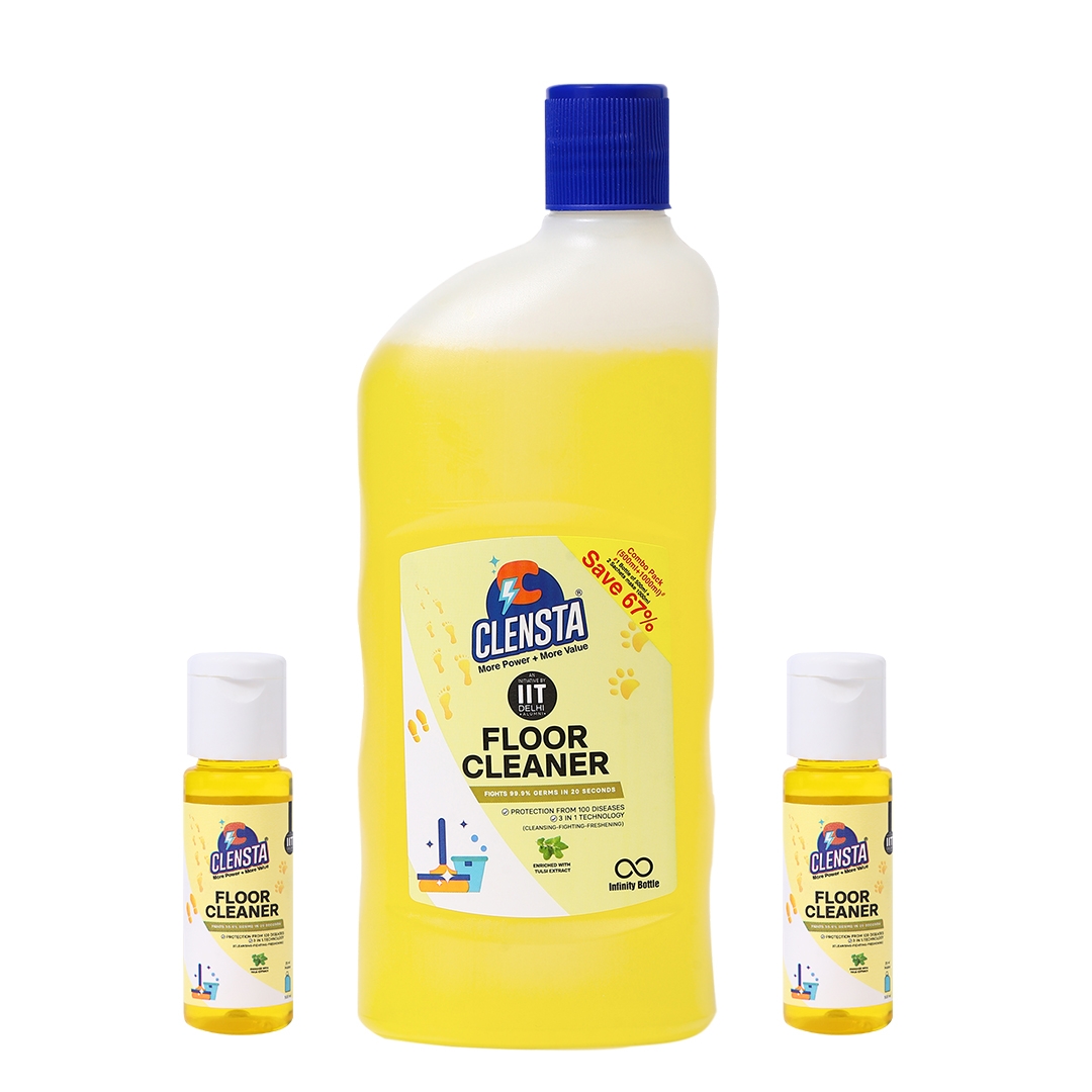Clensta | Clensta Floor Cleaner Liquid | Total 1500ml | 99.9% Germs Protection With Tulsi Extracts | 1 Bottle (500 ml) & 2 Concentrates (Makes 1000 ml)