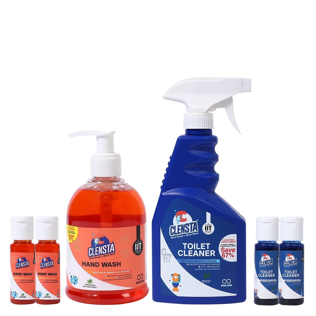 Clensta | Clensta Hygiene Care Combo | Toilet Cleaner (1500ml) & Liquid Hand Wash With Aloe Vera Extracts (900ml) | Fights Germs 99.9% | With 2 Concentrates Each