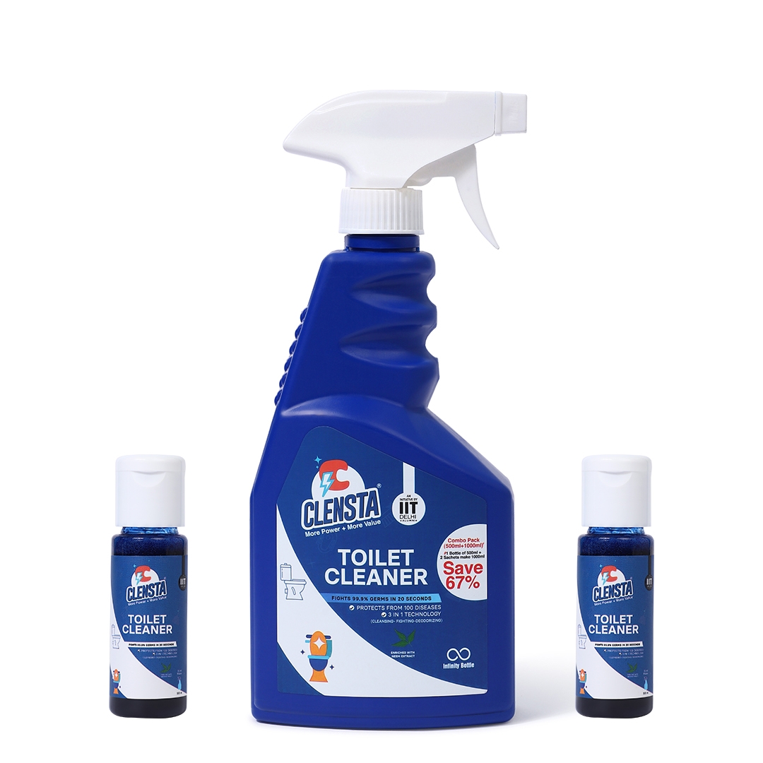 Clensta | Clensta Toilet Cleaner | Total 1500 ml| Fights 99.9% Germs With Neem Extracts | 1 Bottle (500 ml) & 2 Concentrates (Makes 1000 ml)