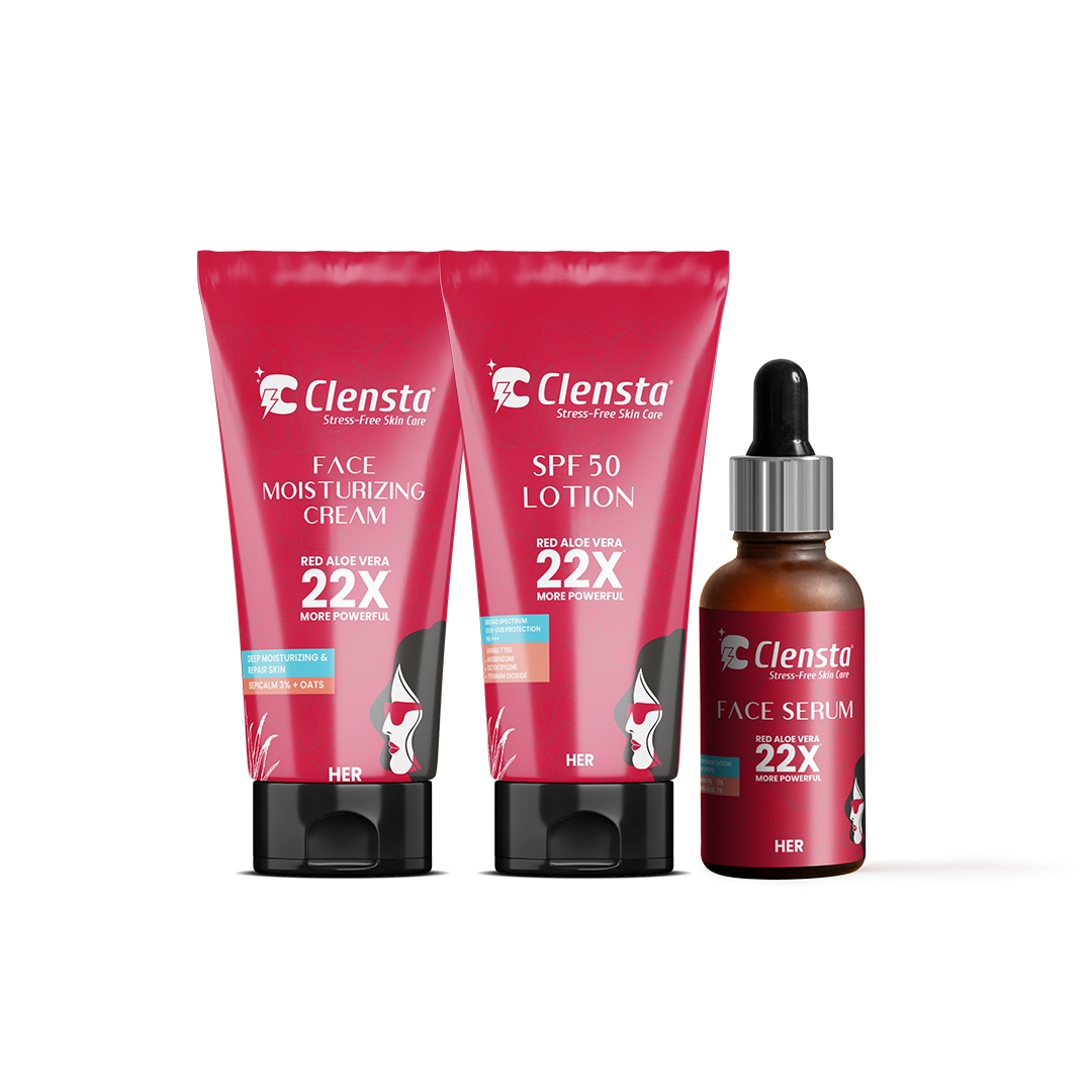 Clensta Face Serum With 2% Alpha Arbutin & 2% Hyaluronic Acid 30 ml, Face Moisturizing Cream With 3% Sepicalm & Goodness of Oats 50g & SPF 50 Sunscreen Lotion With Uvinul T 150 | 50g | For Her