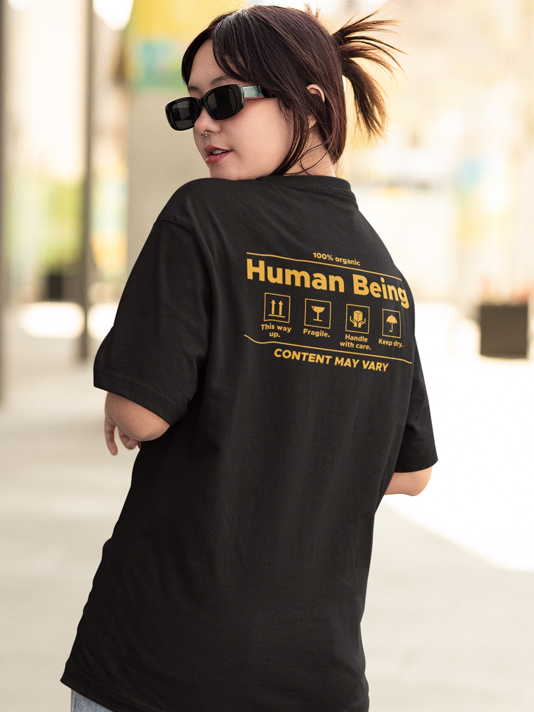 creativeideas.store | 100% Human Being Front & Back Printed Black Oversized Tshirt
