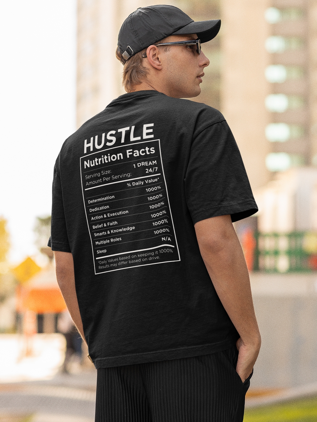 creativeideas.store | Hustle Nutrition Fact Fornt & Back Printed Black Oversized Tshirt