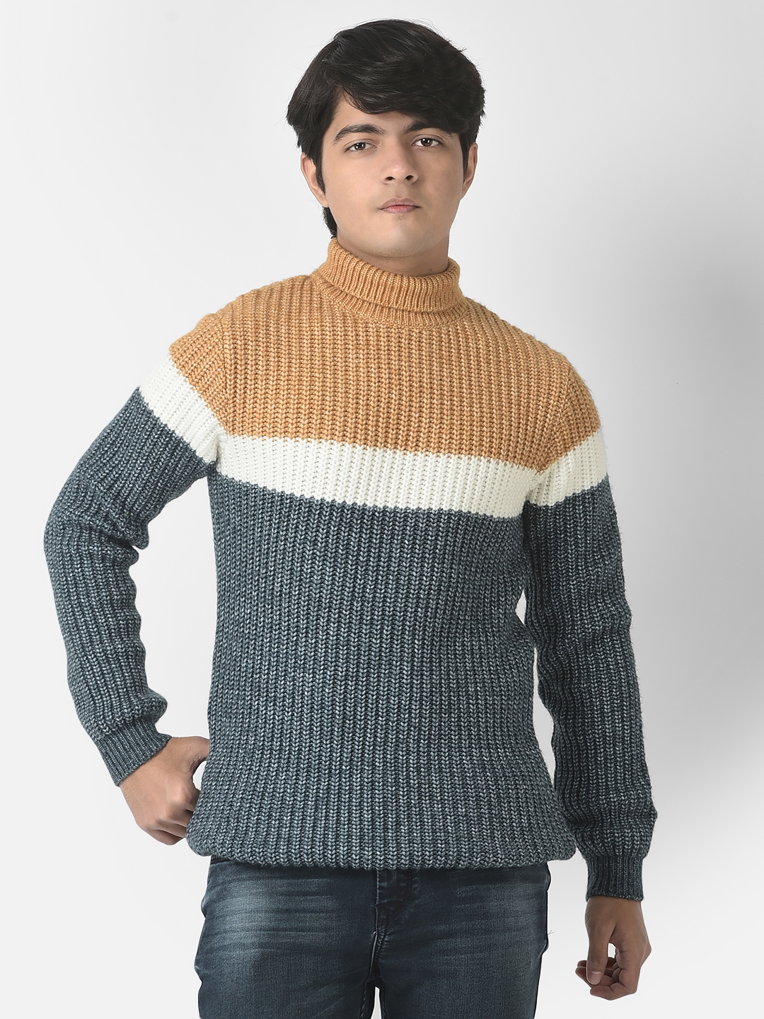 Crimsoune Club Boys Knitted Mustard Colour-Blocked Sweater