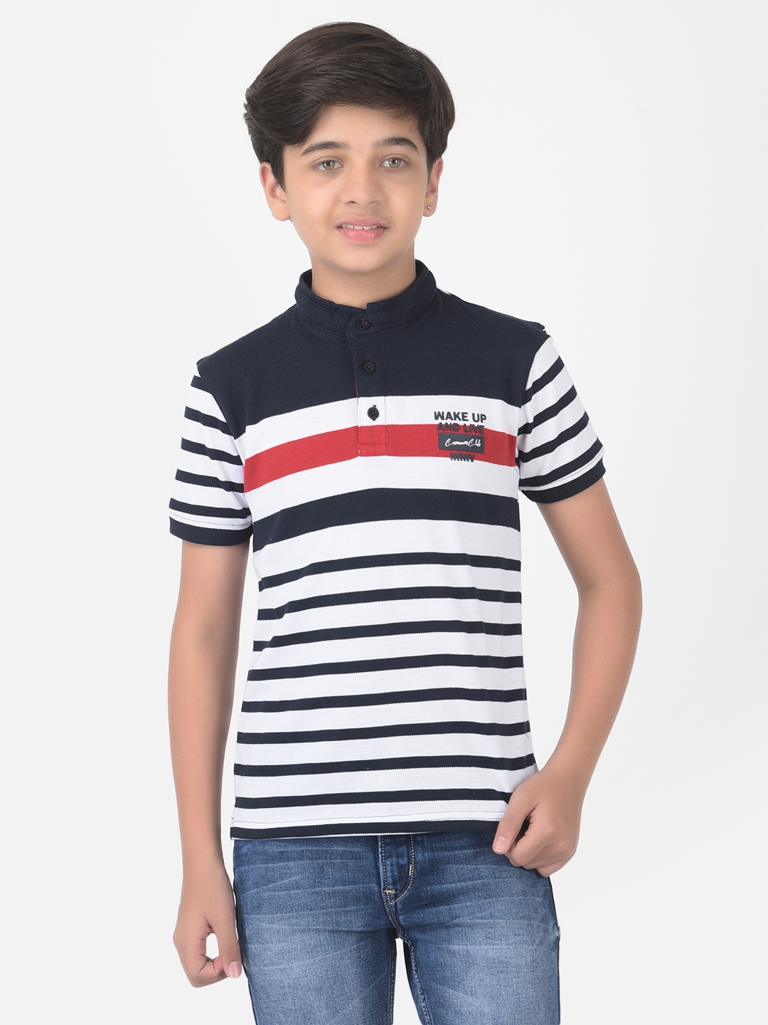 Crimsoune Club | Crimsoune Club Boy White Striped Mandarin Collar T-shirt