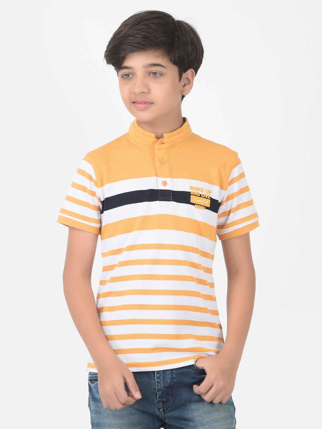 Crimsoune Club Boy Yellow Striped Mandarin Collar T-shirt