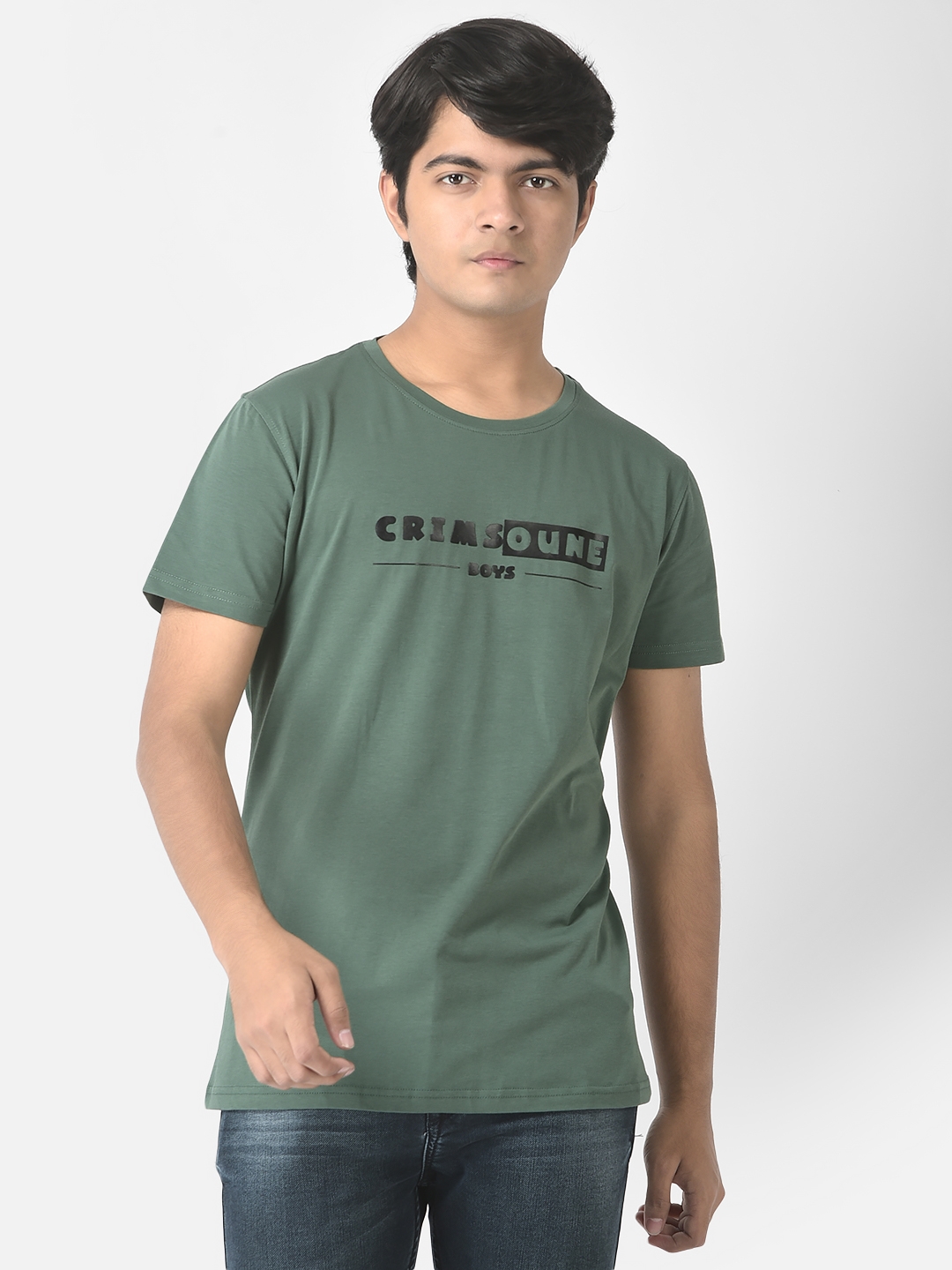 Crimsoune Club Boys Green Typographic Brand-Logo T-Shirt
