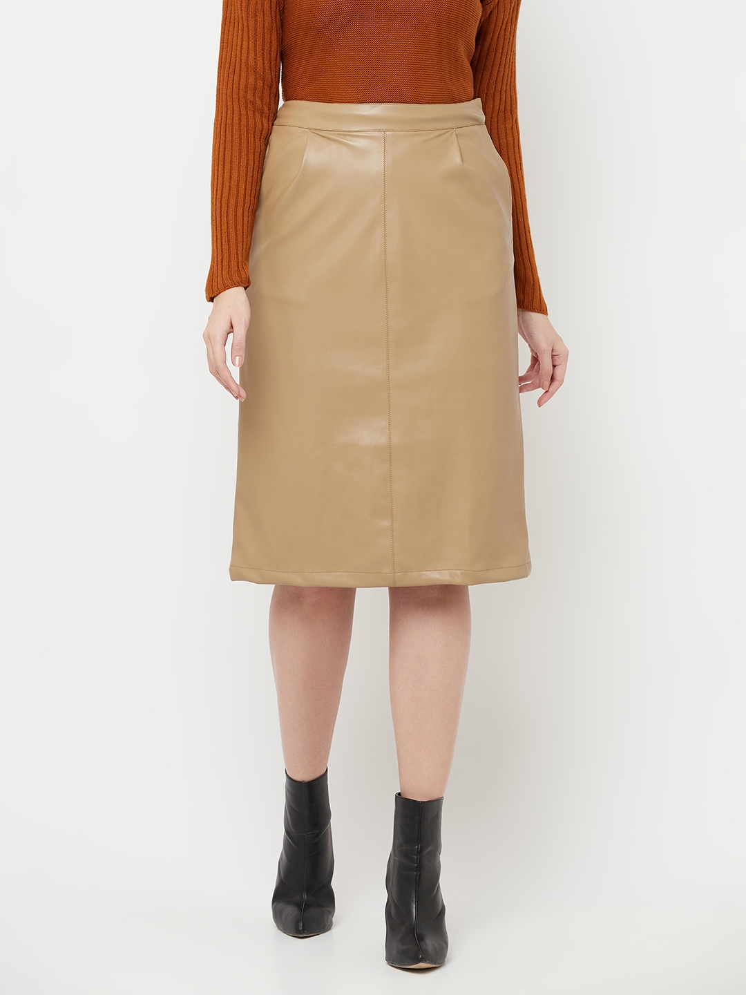 Crimsoune Club Women Beige Solid Midi A-Line Leather Skirt