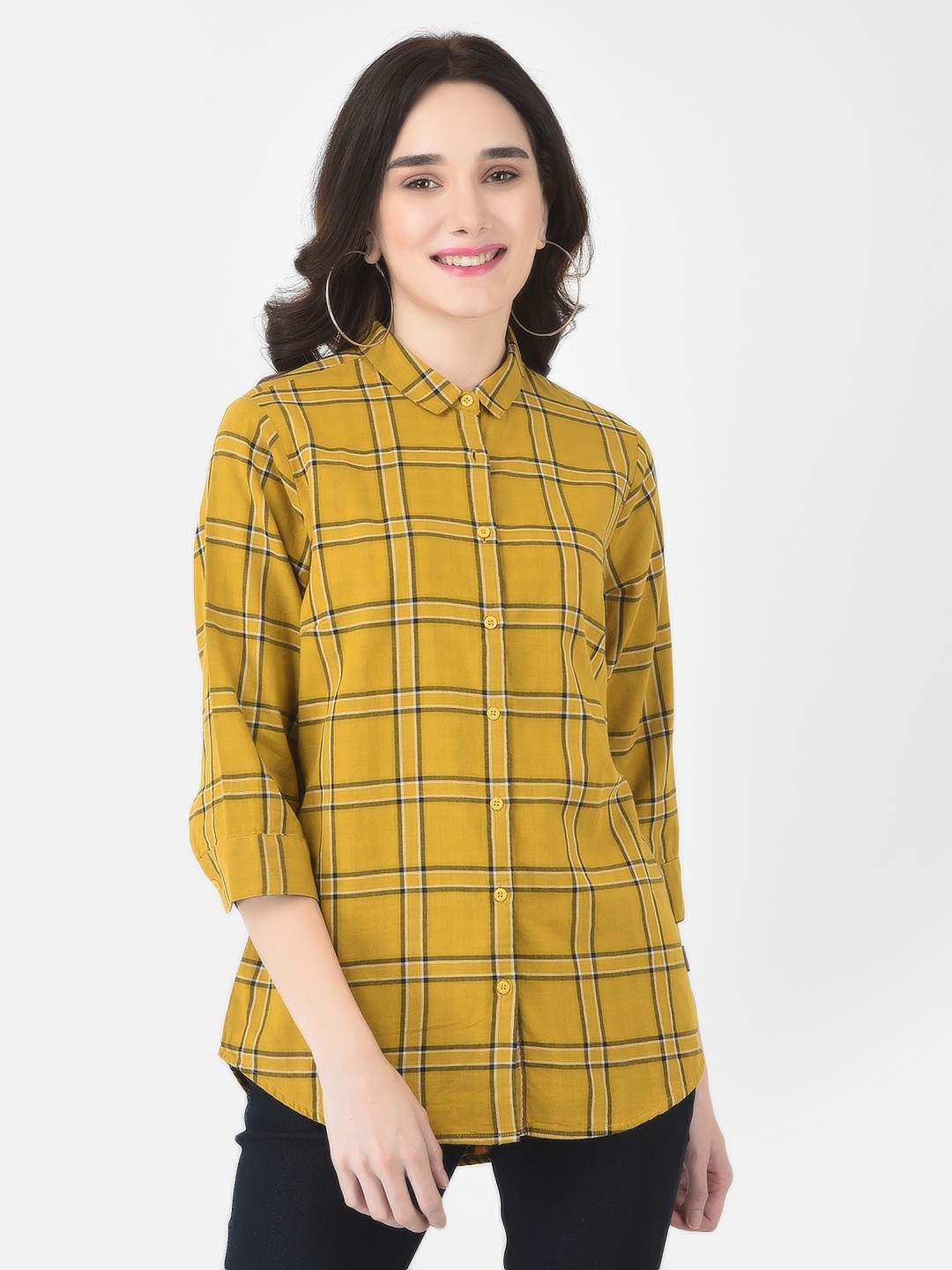 Crimsoune Club Women Mustard Yellow Windowpane Checked Shirt 