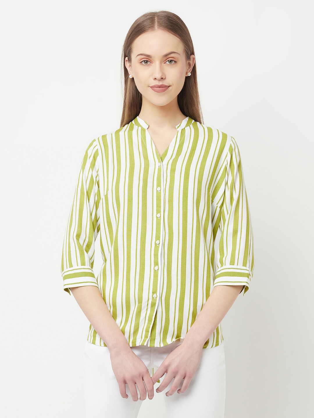 Crimsoune Club | Crimsoune Club Women Green Striped V-Neck Shirt