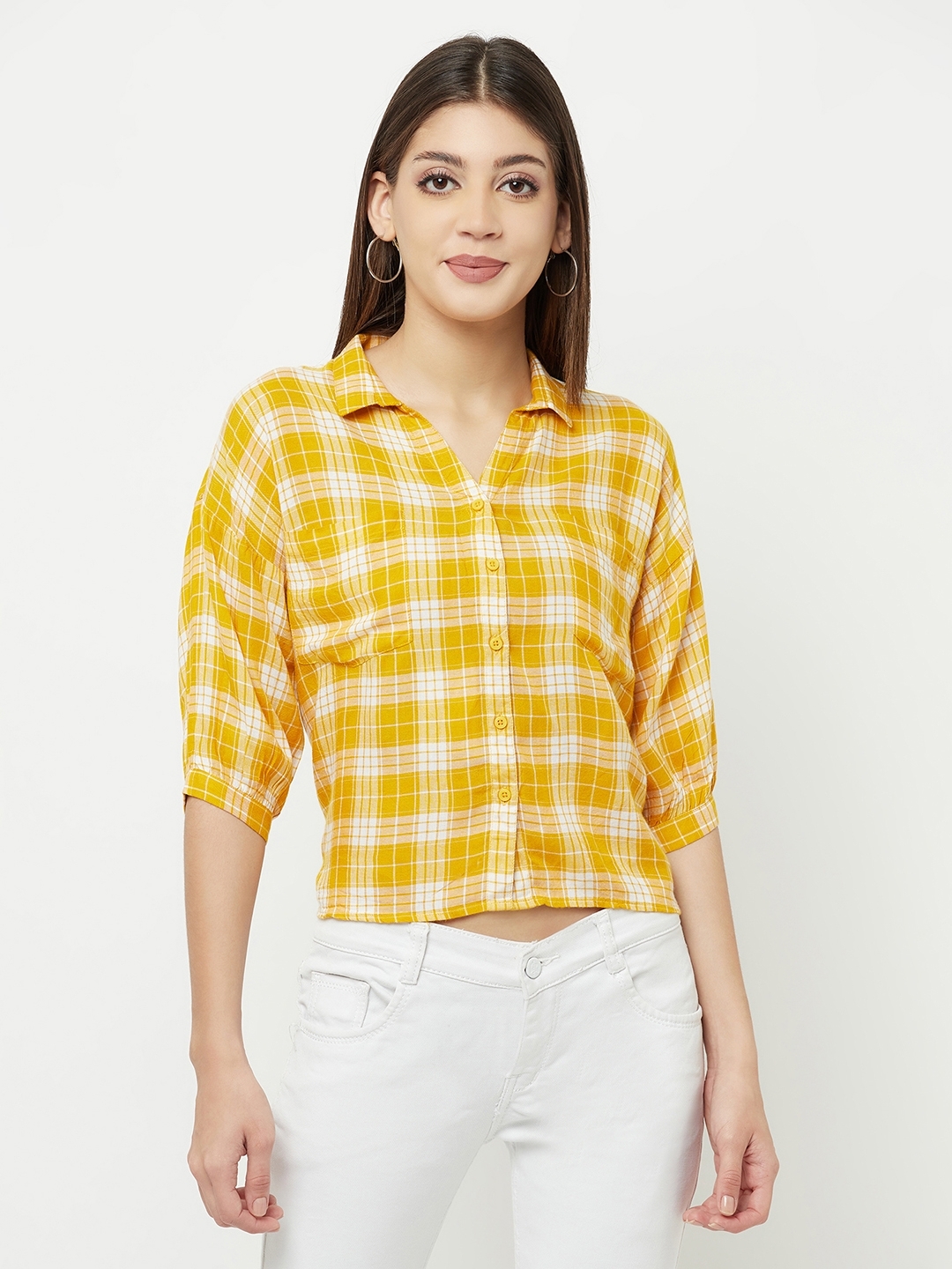 Crimsoune Club Women Mustard Checked Multi Pocket Cropped Shirt