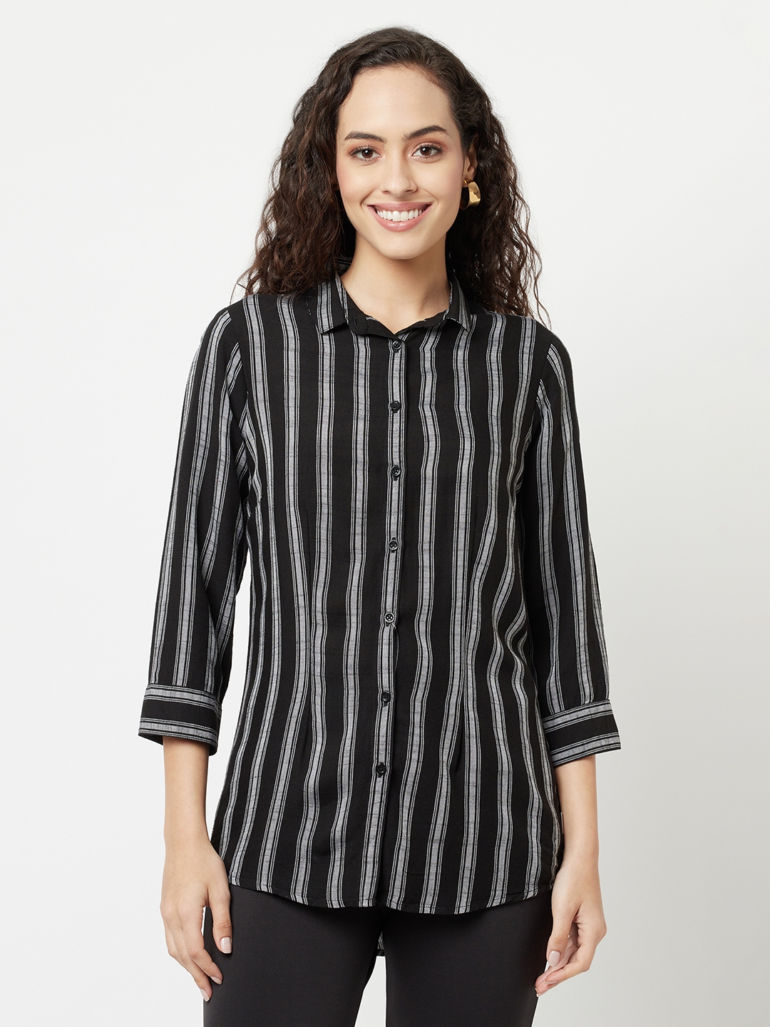 Crimsoune Club Women Black Striped High-Low Shirt