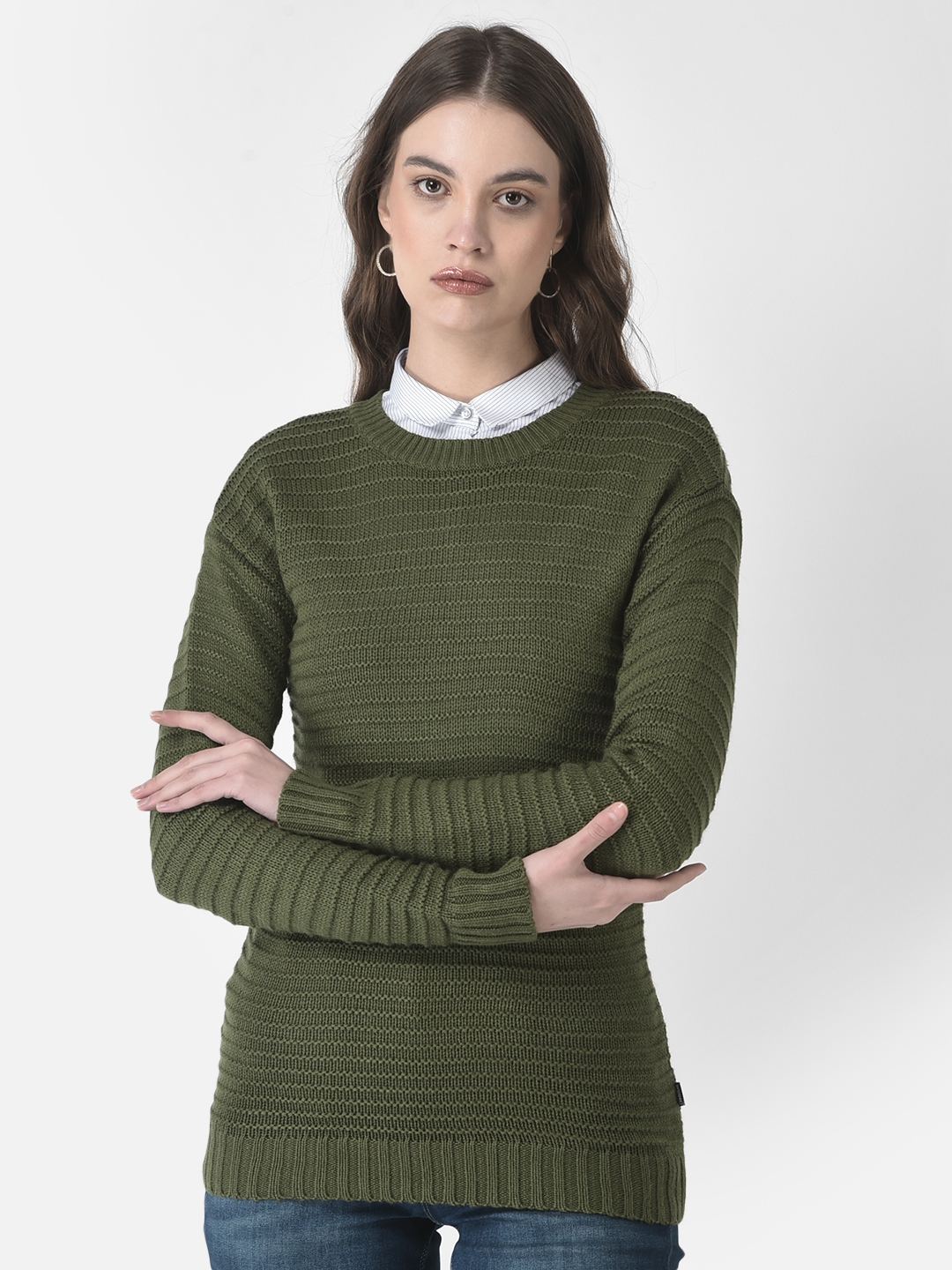 Crimsoune Club Women Olive Green Fitted Sweater