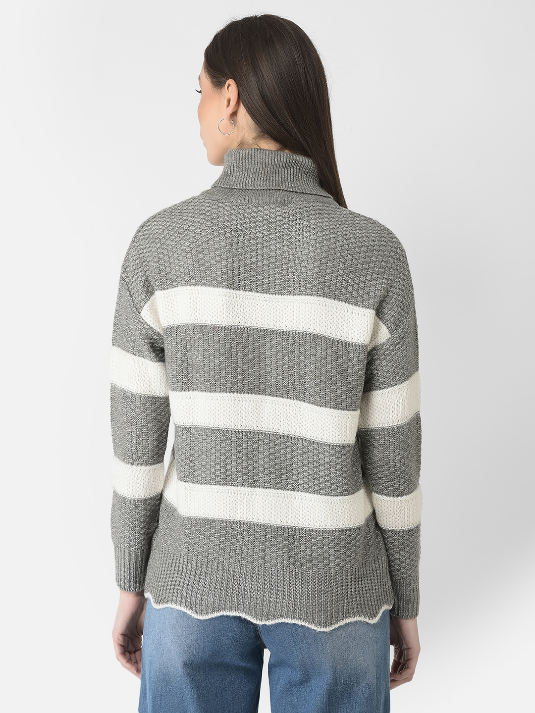 Crimsoune Club Women Grey Turtle-Neck Striped Sweater