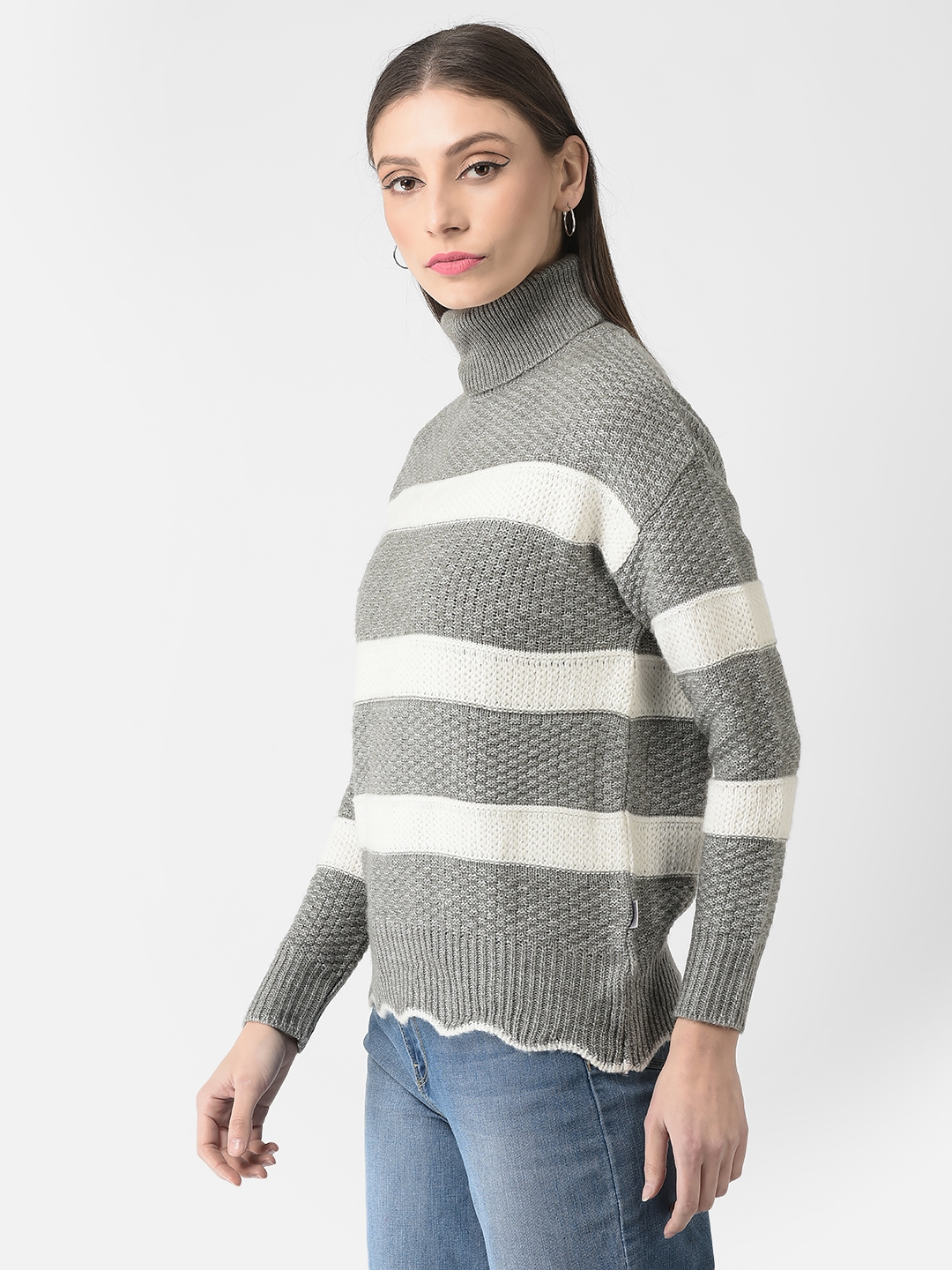 Crimsoune Club Women Grey Turtle-Neck Striped Sweater