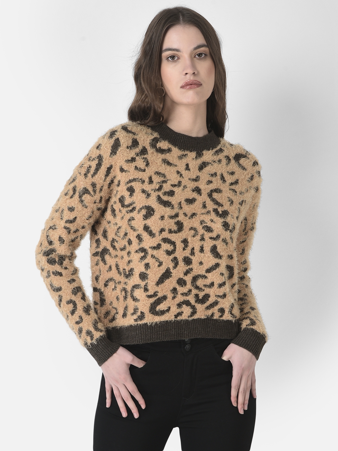 Crimsoune Club Women Fuzzy Animal Print Sweater