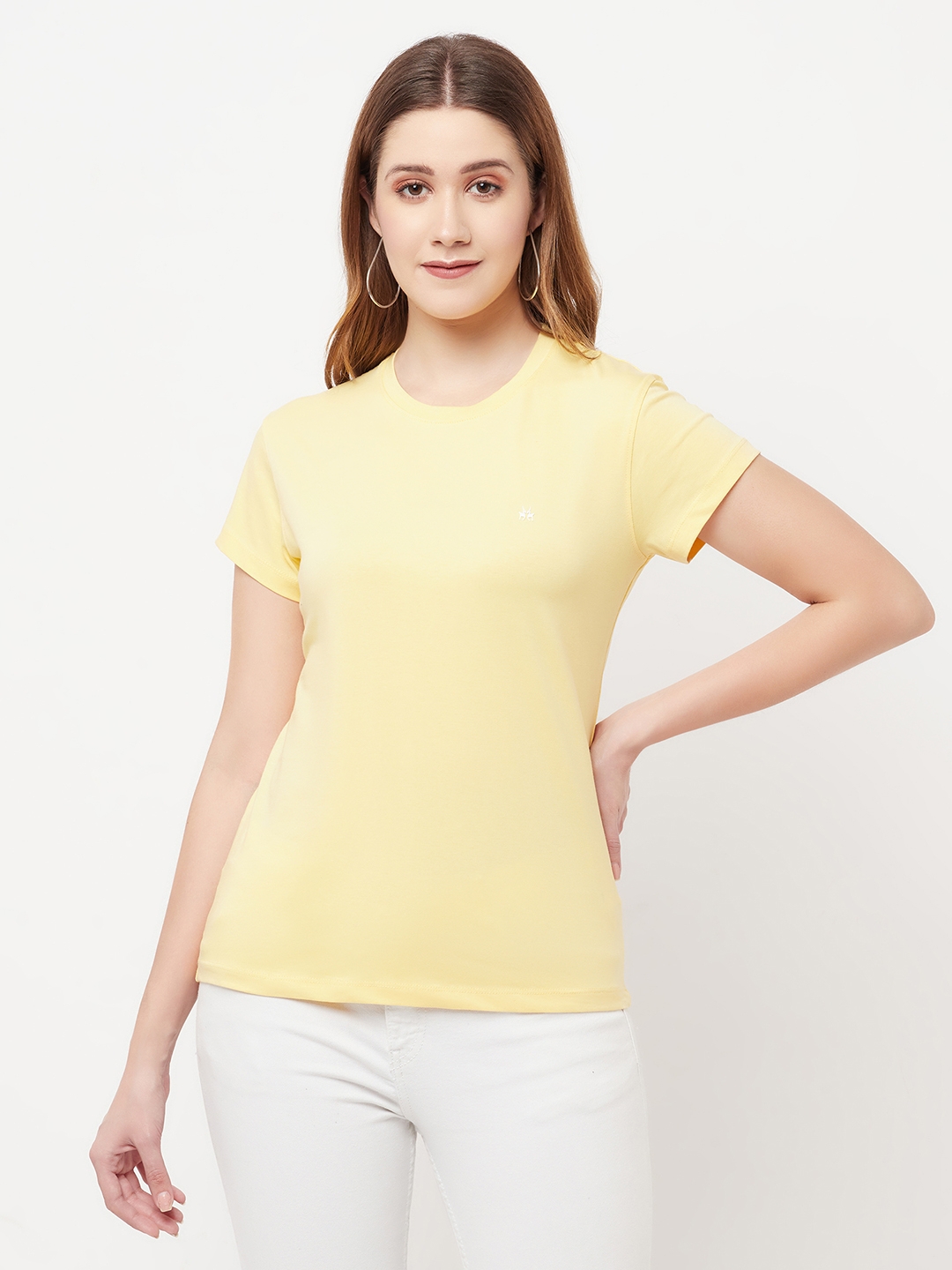 Crimsoune Club Women Yellow Solid Round Neck T-Shirt