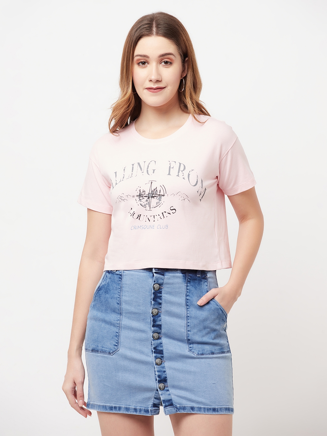Crimsoune Club Women Pink Printed Round Neck Cropped T-Shirt