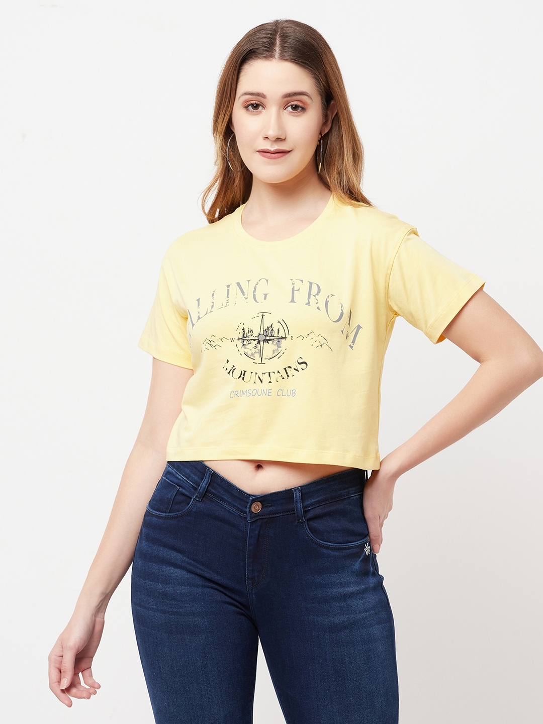 Crimsoune Club Women Yellow Printed Round Neck Cropped T-Shirt