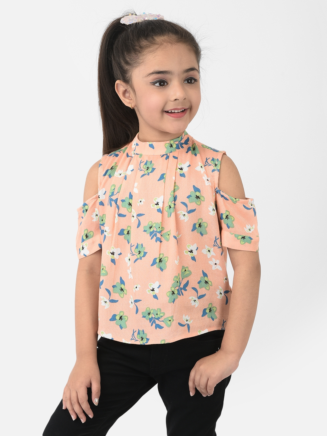 Crimsoune Club | Crimsoune Club Girls Peach Cold Shoulder Sleeves Floral Printed Top