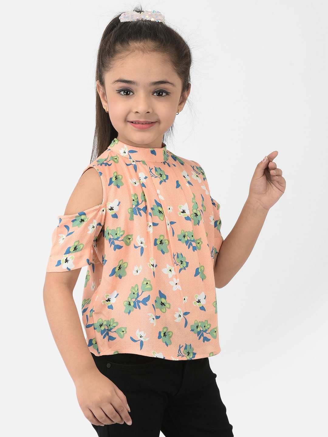 Crimsoune Club Girls Peach Cold Shoulder Sleeves Floral Printed Top