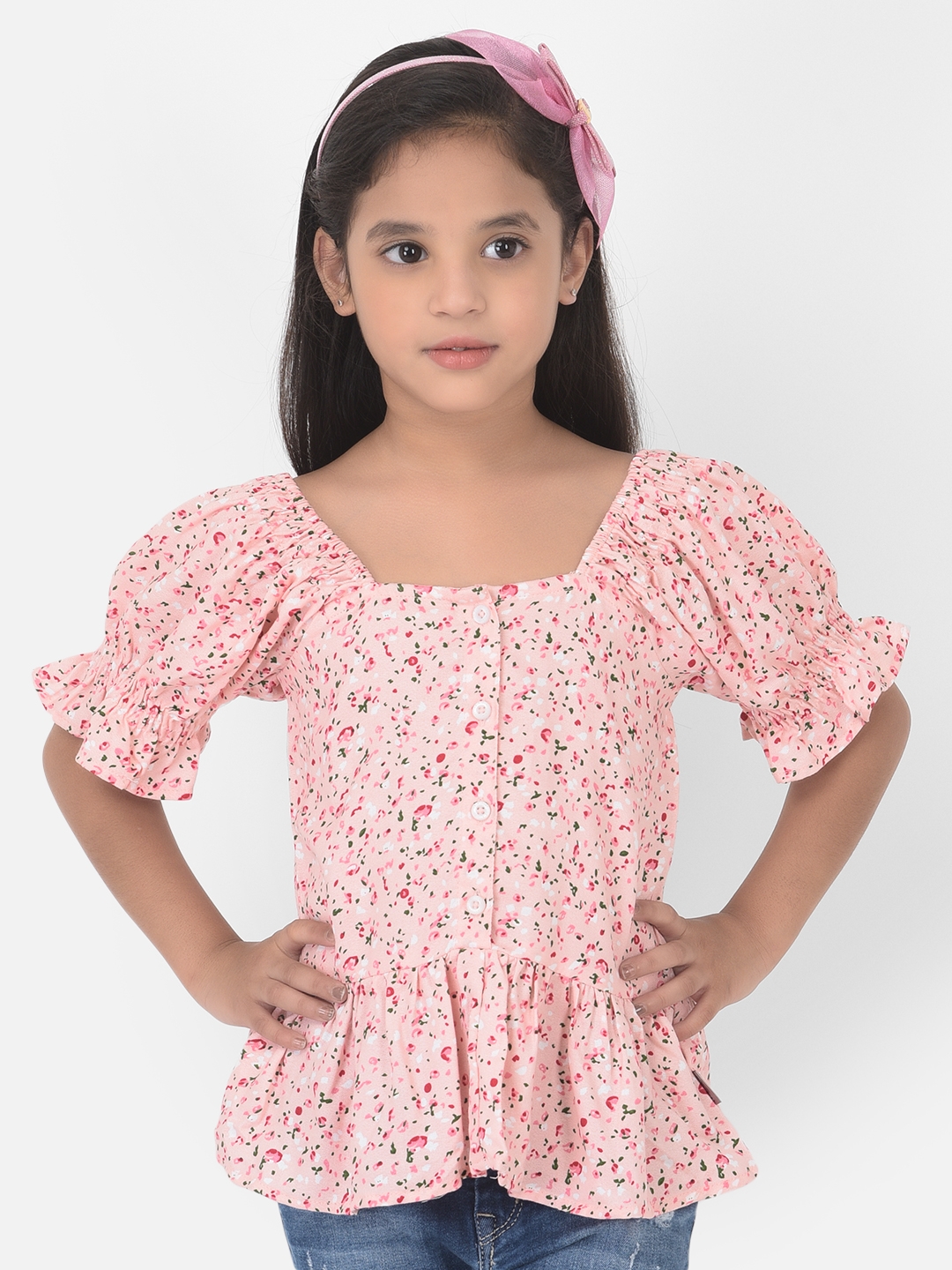 Crimsoune Club Girls Pink Floral Printed Cinched Waist Top