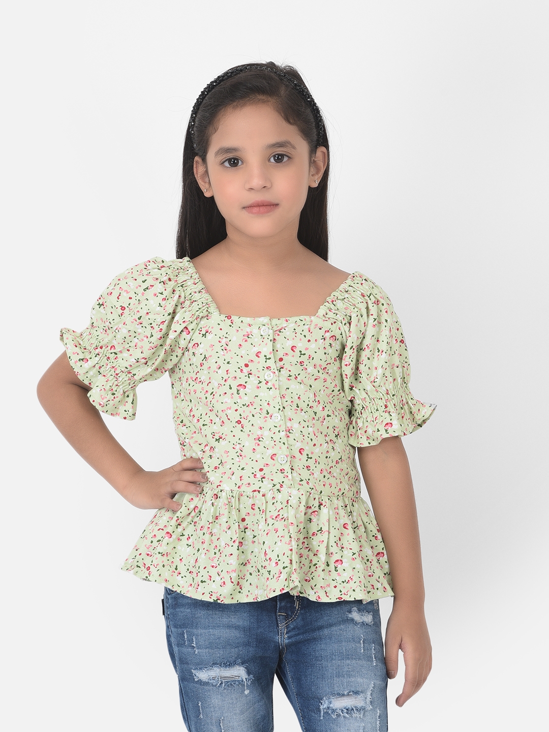 Crimsoune Club Girls Green Floral Printed Cinched Waist Top