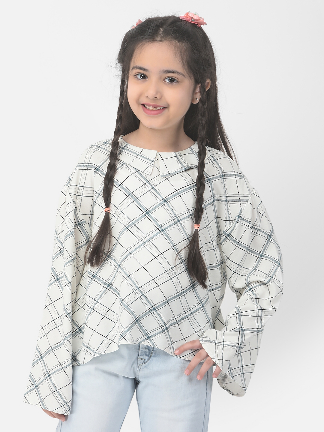 Crimsoune Club Girls White Bell-Sleeved Checked Top