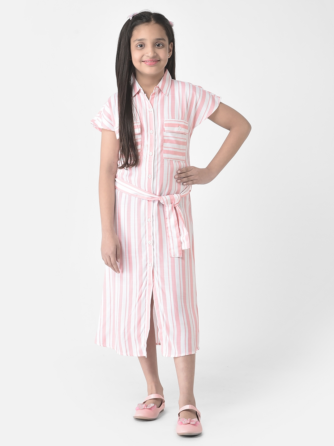 Crimsoune Club Girls Pink Striped Longline Shirt Dress
