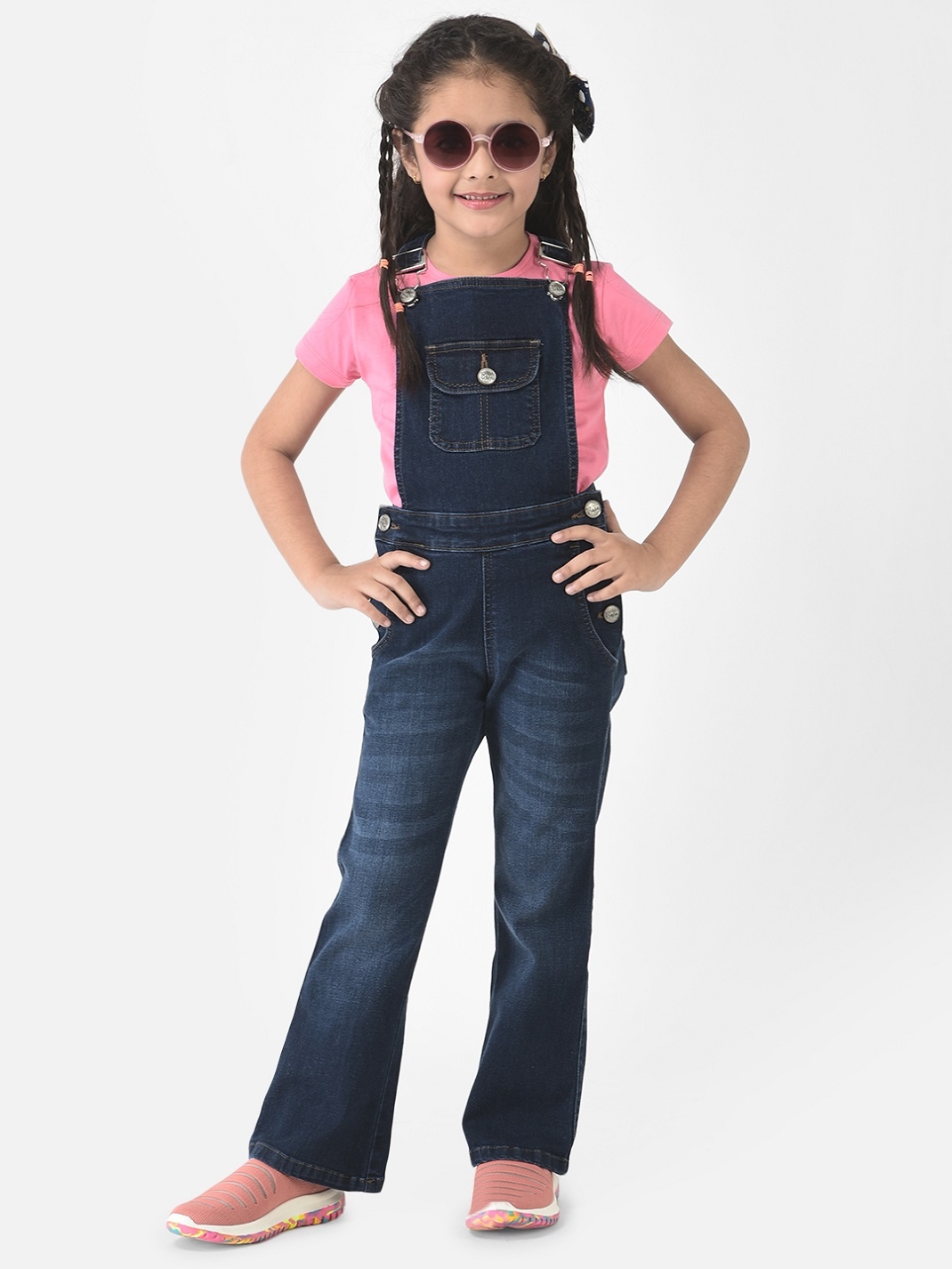 Crimsoune Club Girls Navy Blue Dungaree in Boot-Cut Fit