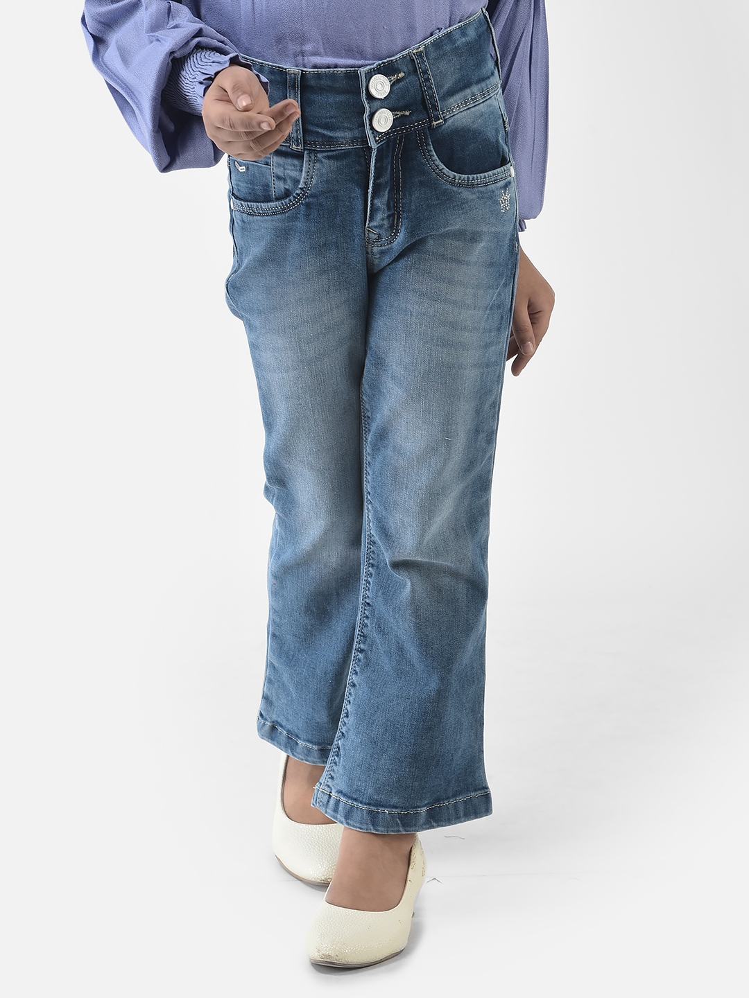 Crimsoune Club Girls Blue Boot Cut Jeans with Light Wash Detailing 