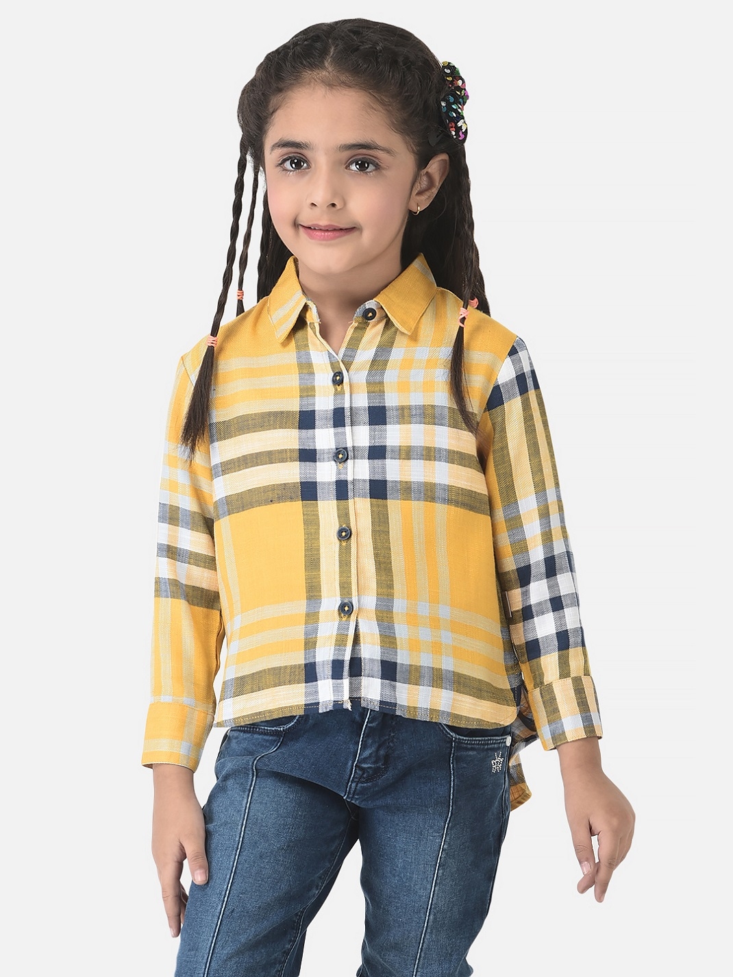 Crimsoune Club | Crimsoune Club Girls Cropped Yellow Shirt with Tartan Checks 