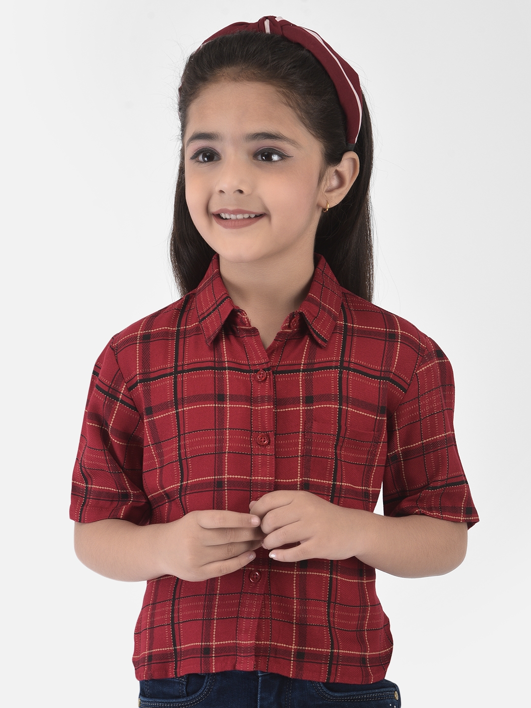 Crimsoune Club Red High-Low Checked Crop Shirt