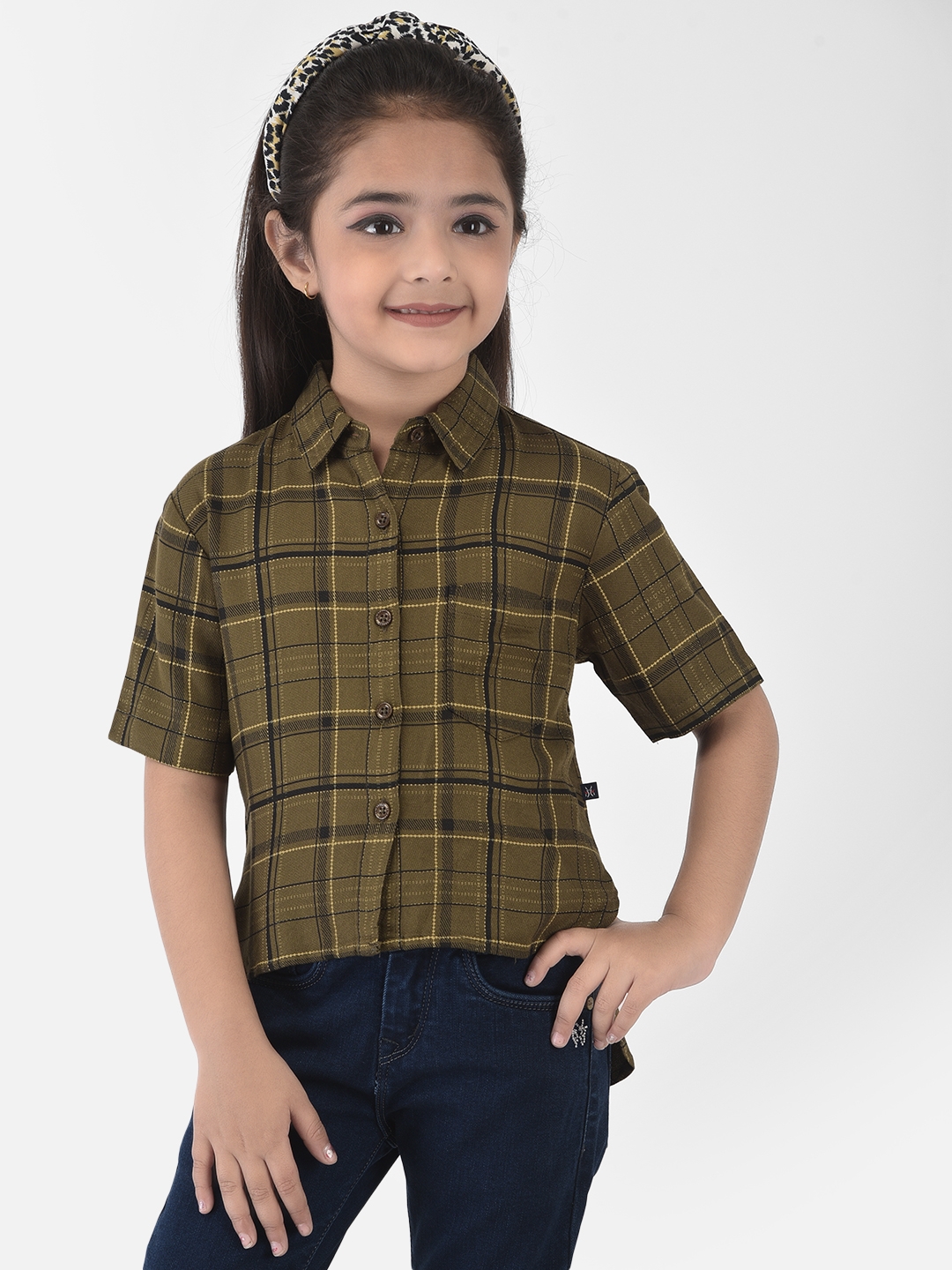 Crimsoune Club Olive Green High-Low Checked Crop Shirt