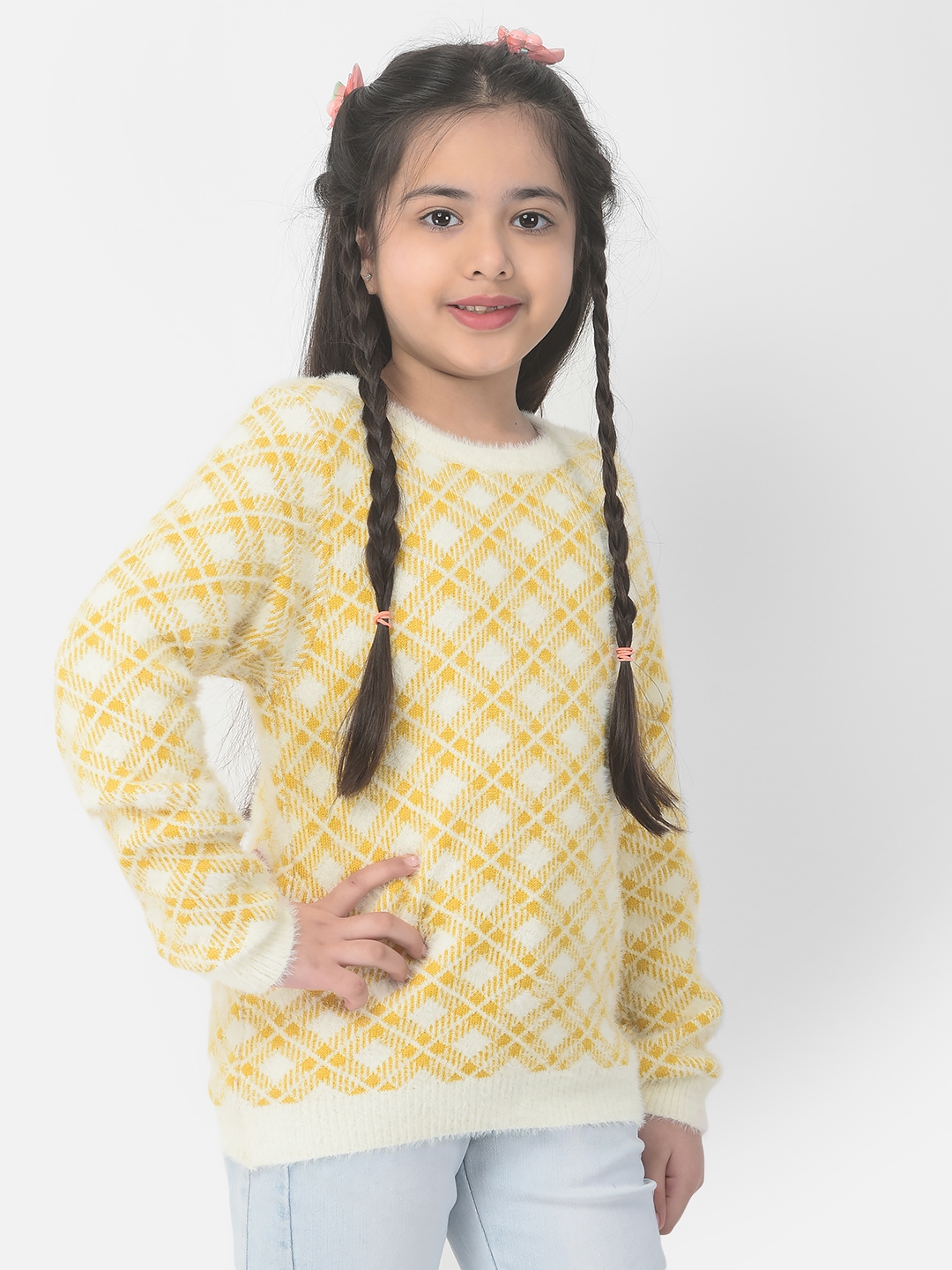Crimsoune Club Girls Mustard Yellow Checkered Sweater