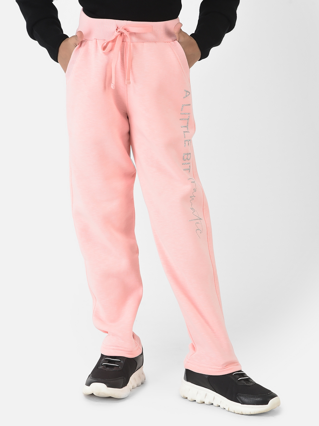 Crimsoune Club Girls Baby Pink Track Pants with Typographic Detailing 