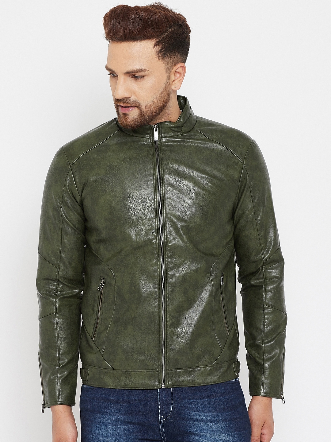 Crimsoune Club | Green Solid Leather Jacket