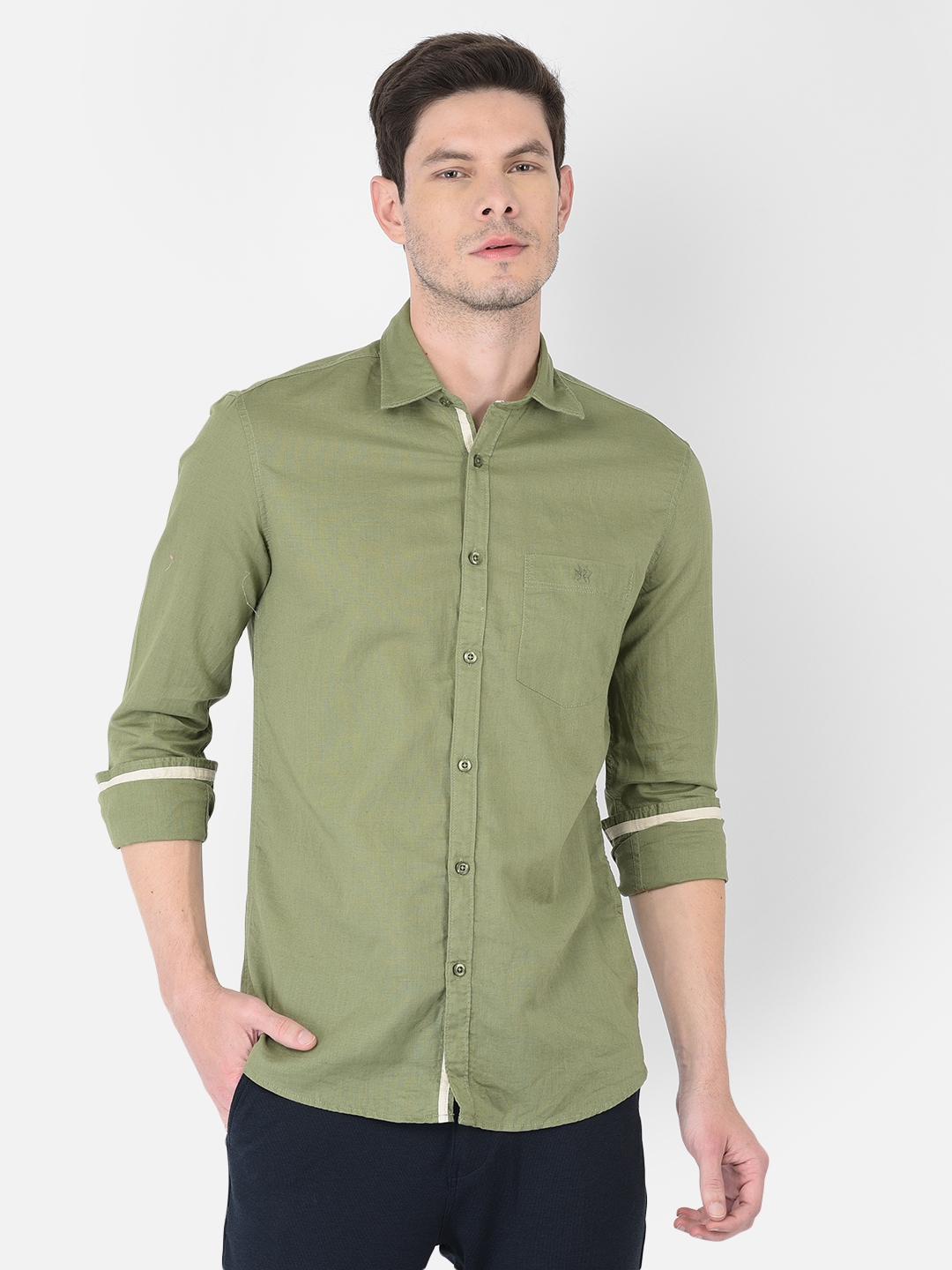 Crimsoune Club | Crimsoune Club Men Olive Solid Linen Shirt