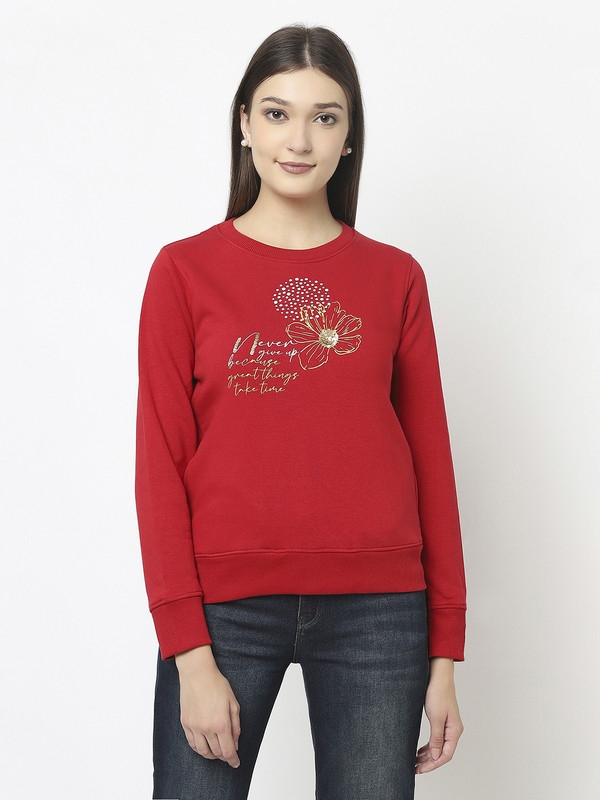 Crimsoune Club Women Red Pull-Over Style Sweatshirt with Graphic Print 