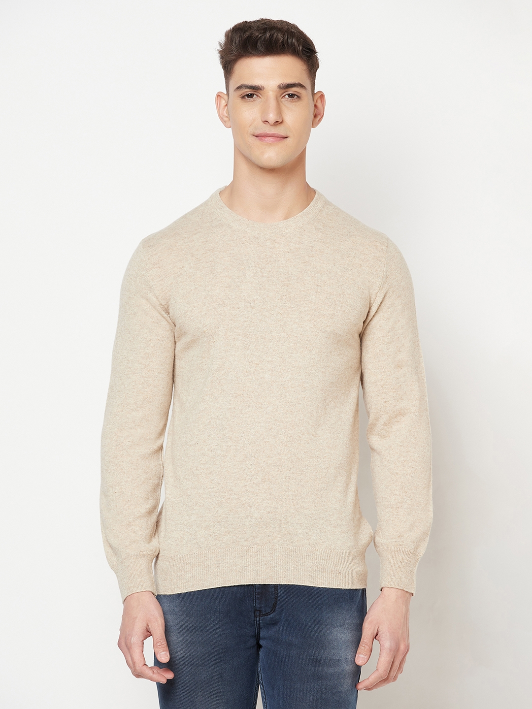 Crimsoune Club | Crimsoune Club Men Beige Solid Round Neck Sweater