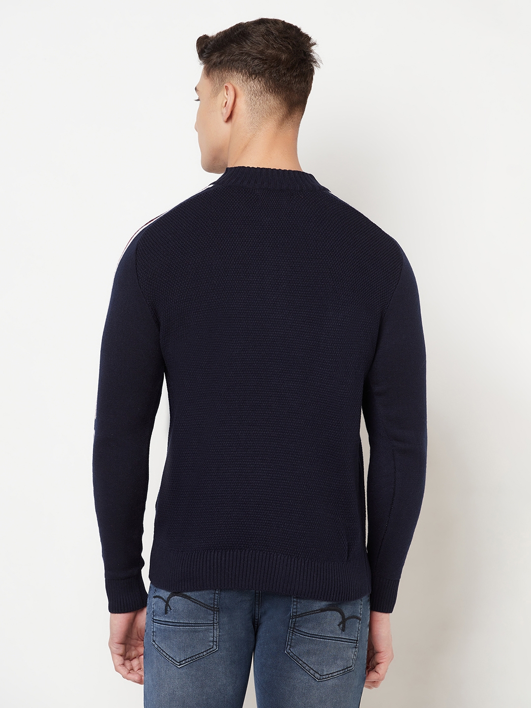 Crimsoune Club Men Navy Blue Printed Mock Neck Sweater