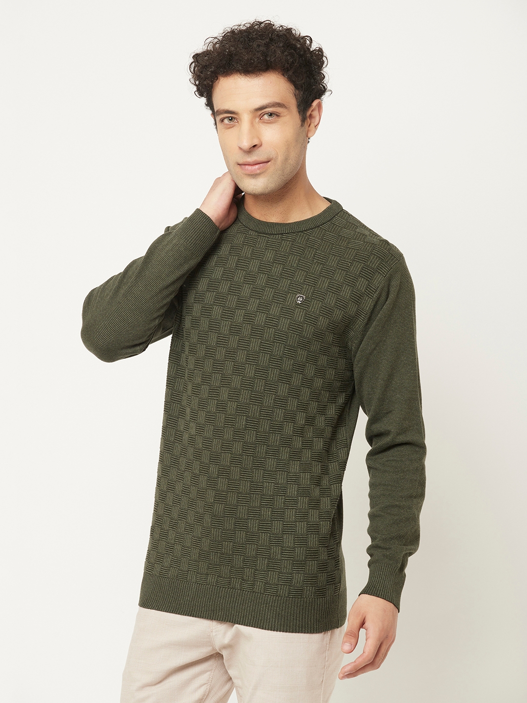 Crimsoune Club Men Army Green Sweater in Self Design Pattern