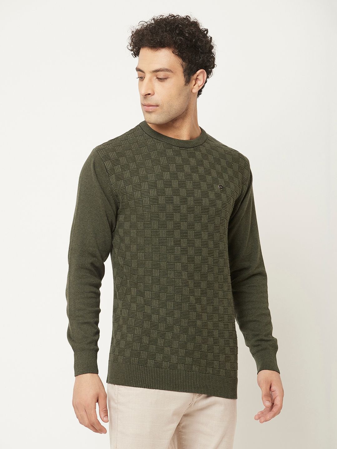 Crimsoune Club Men Army Green Sweater in Self Design Pattern