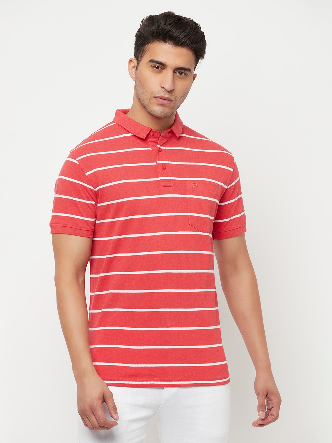 Crimsoune Club Men Coral Red Striped Polo T-Shirt