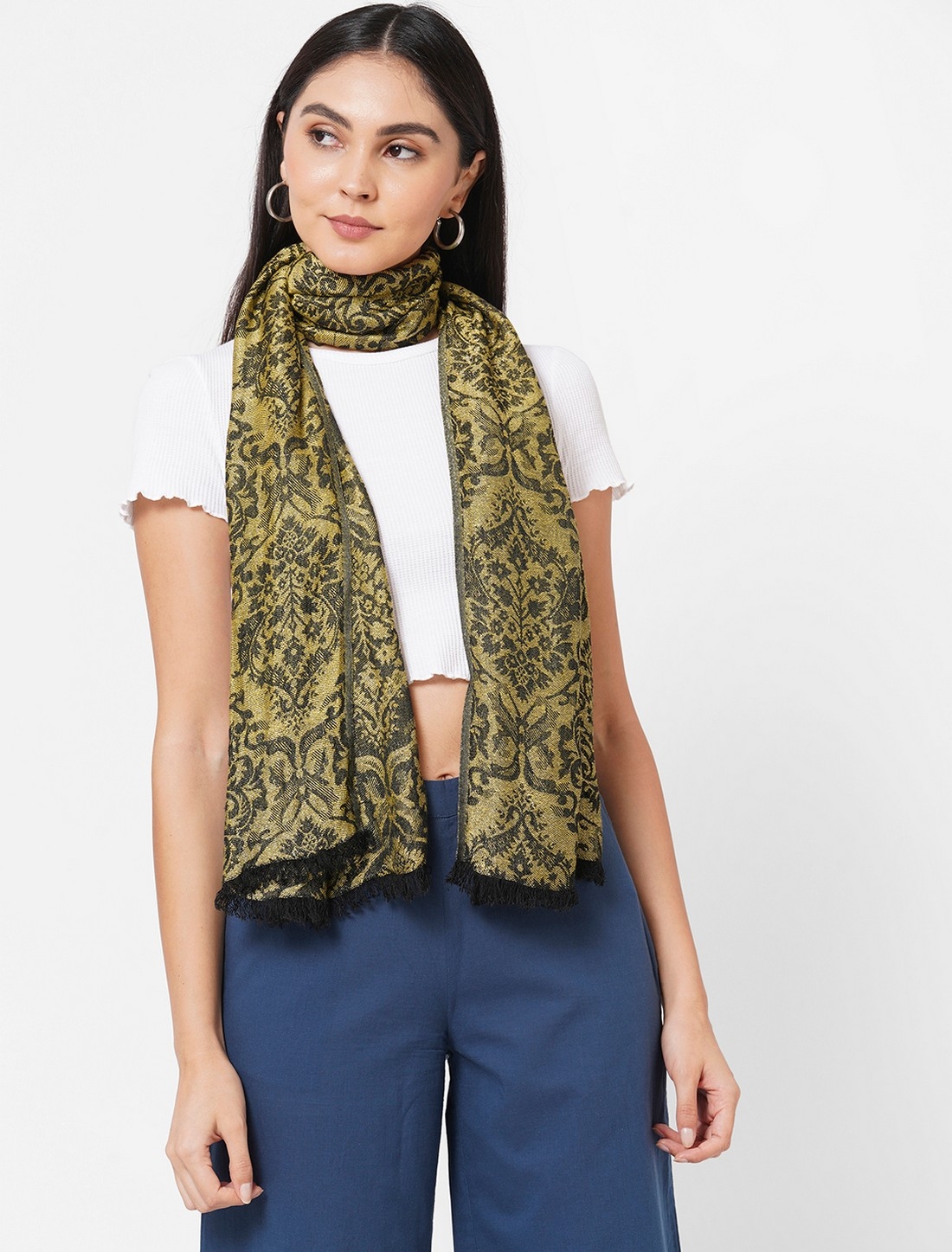 Get Wrapped | Get Wrapped Beige Jacquard Lurex Scarf with raw fringes