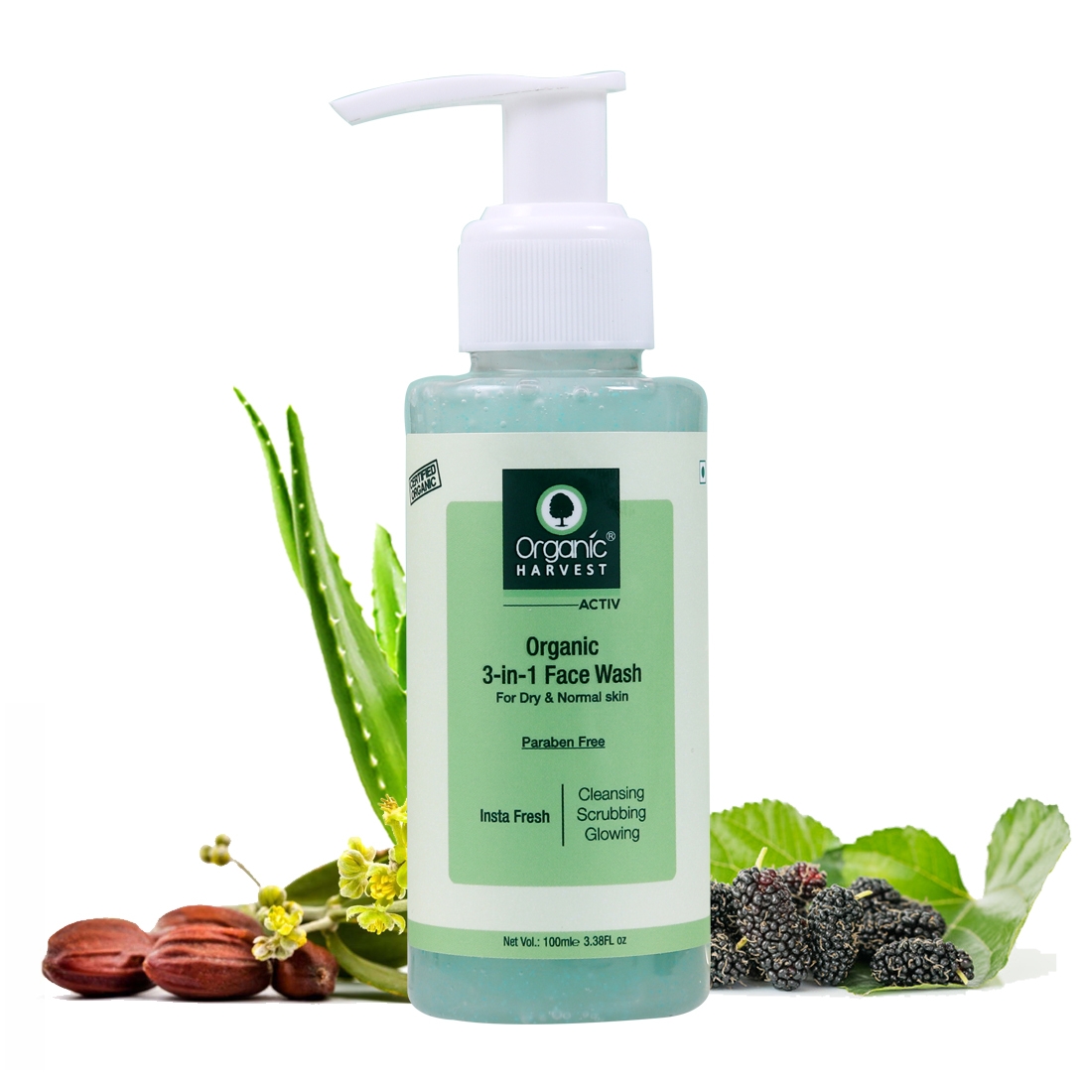 Organic Harvest | Organic Harvest 3-in-1 Face Wash for Dry and Normal Skin, 100 ml, Ideal for Cleansing, Scrubbing, and Glowing Skin, 100% Organic, Sulphate and Paraben Free