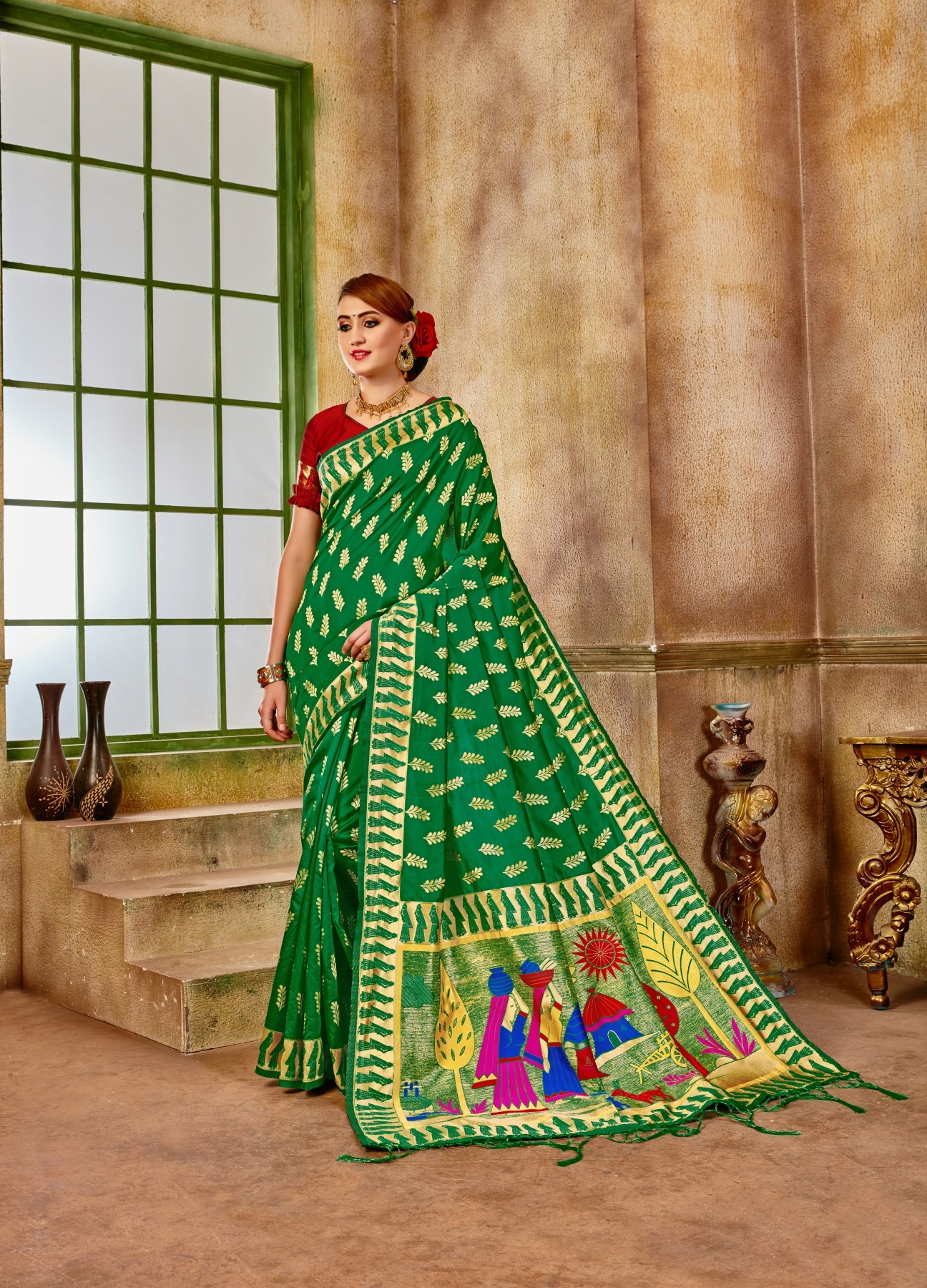 JINAL & JINAL | JJ Women's Banarasi Silk Saree Green in Color Zari Woven with Contrast Blouse
