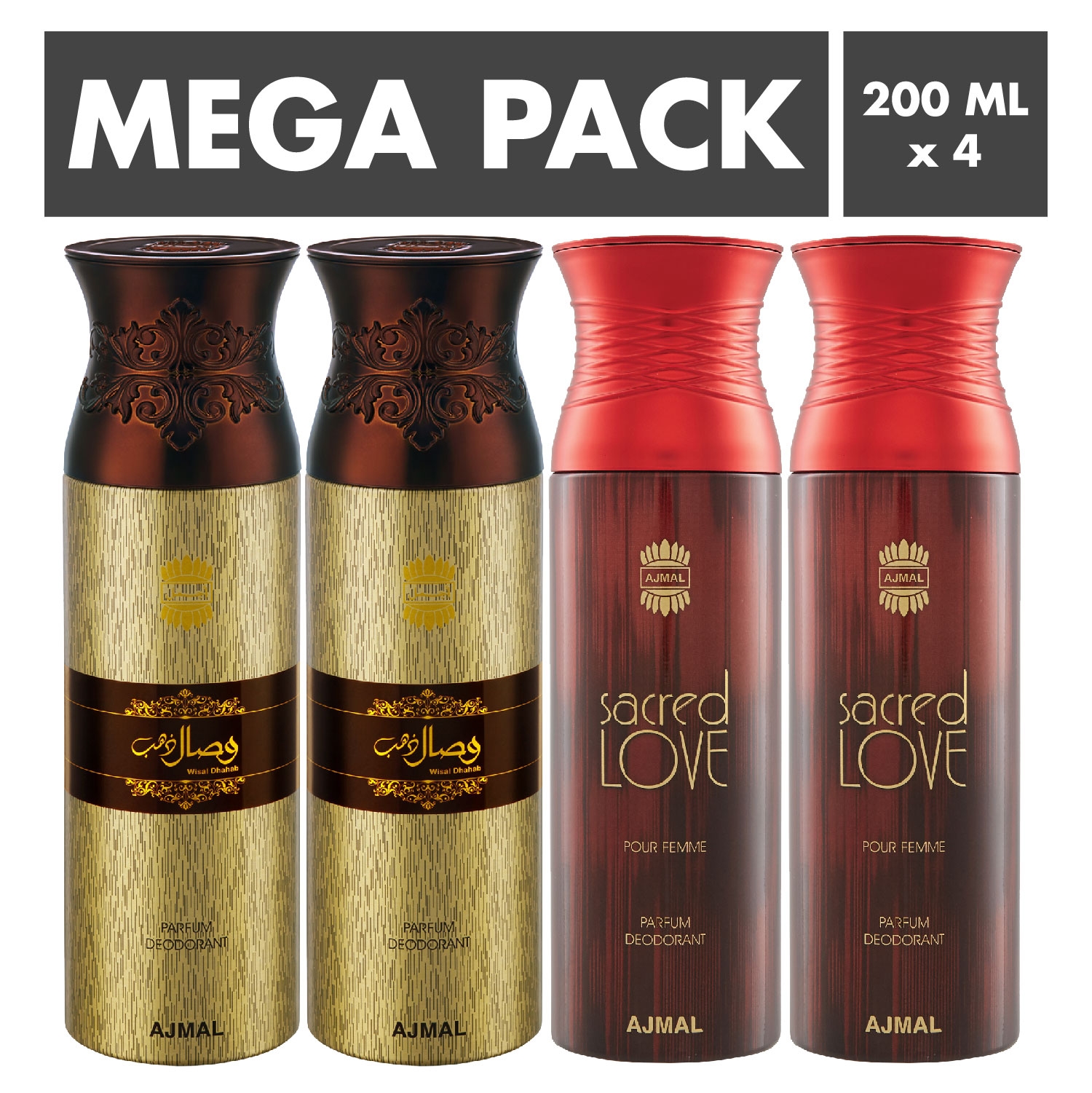 Ajmal | Ajmal Wisal Dhahab & Sacred Love Deodorant Spray- For Men & Women (200 ml, Pack of 4)